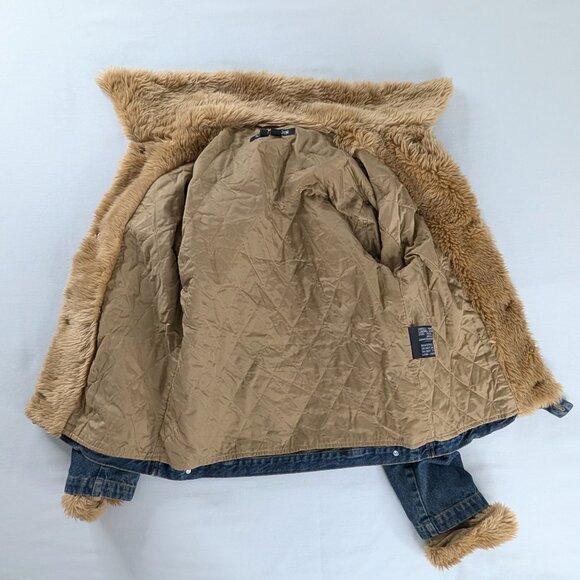 VTG Blue Denim Tan Faux Fur Trim Bleached Denim Trucker Jacket Y2k - Picture 5 of 7